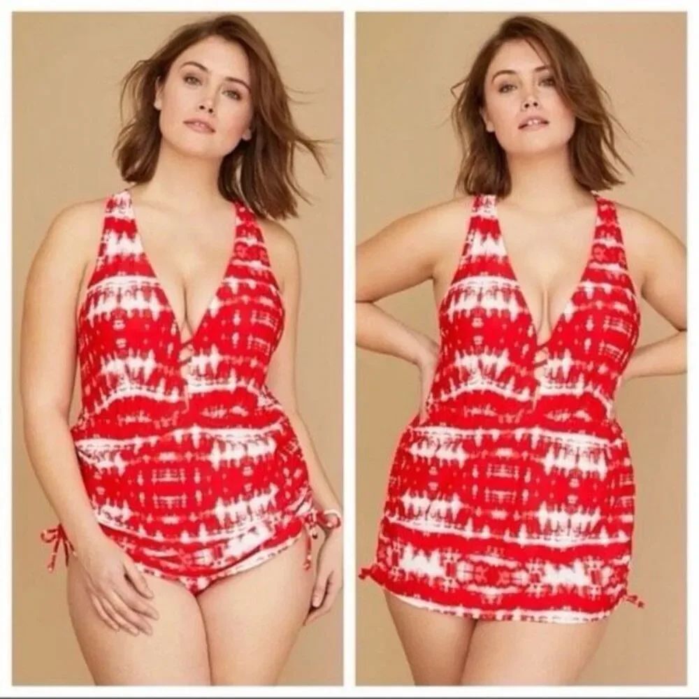 Cacique Lane Bryant Red Tie Dye Swim Dress 42D Balconette Halter Plunge Ruched